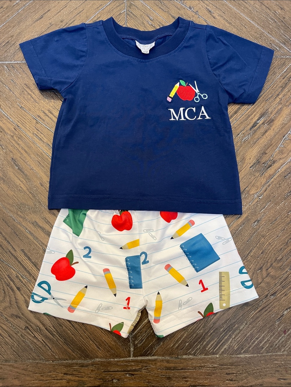 Sew Magnolia Smocks Navy Monogrammed  Set with School Supplies Print MCA